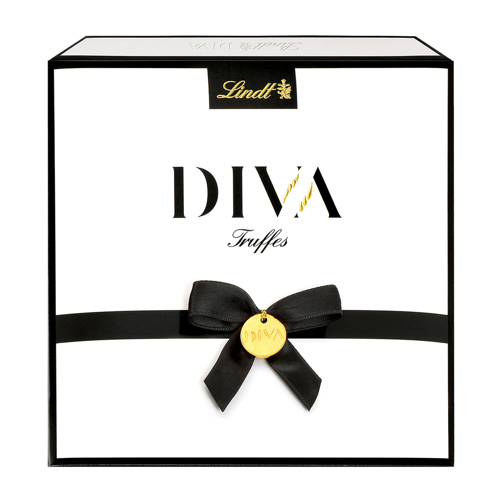 A Lindt DIVA truffle collier gift box, 182g, predominantly white box with black text and ribbon, gold charm on the front.