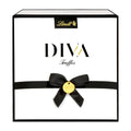A Lindt DIVA truffle collier gift box, 182g, predominantly white box with black text and ribbon, gold charm on the front.
