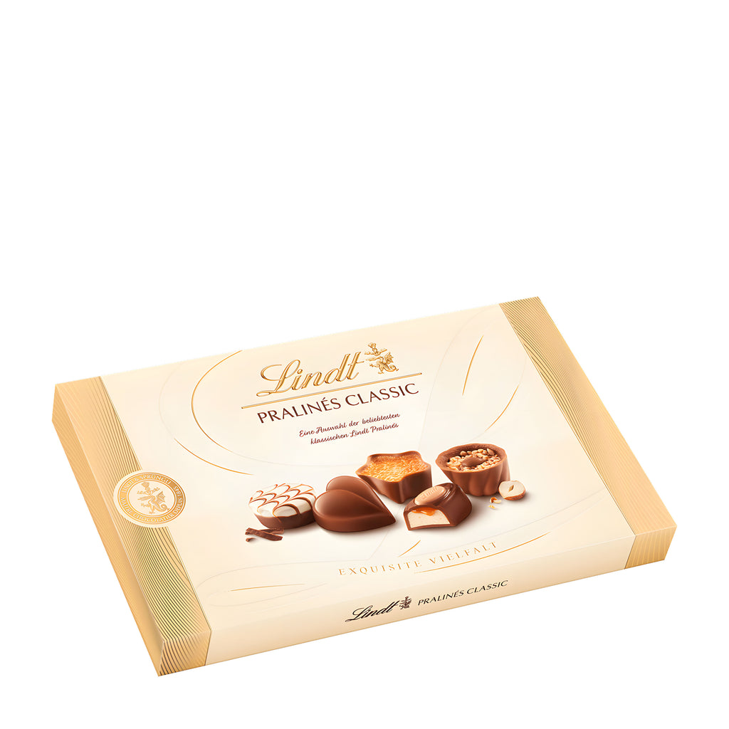 Lindt Pralines Classic chocolate box on a white background