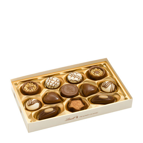 Box of Lindt Classic pralines on a white background