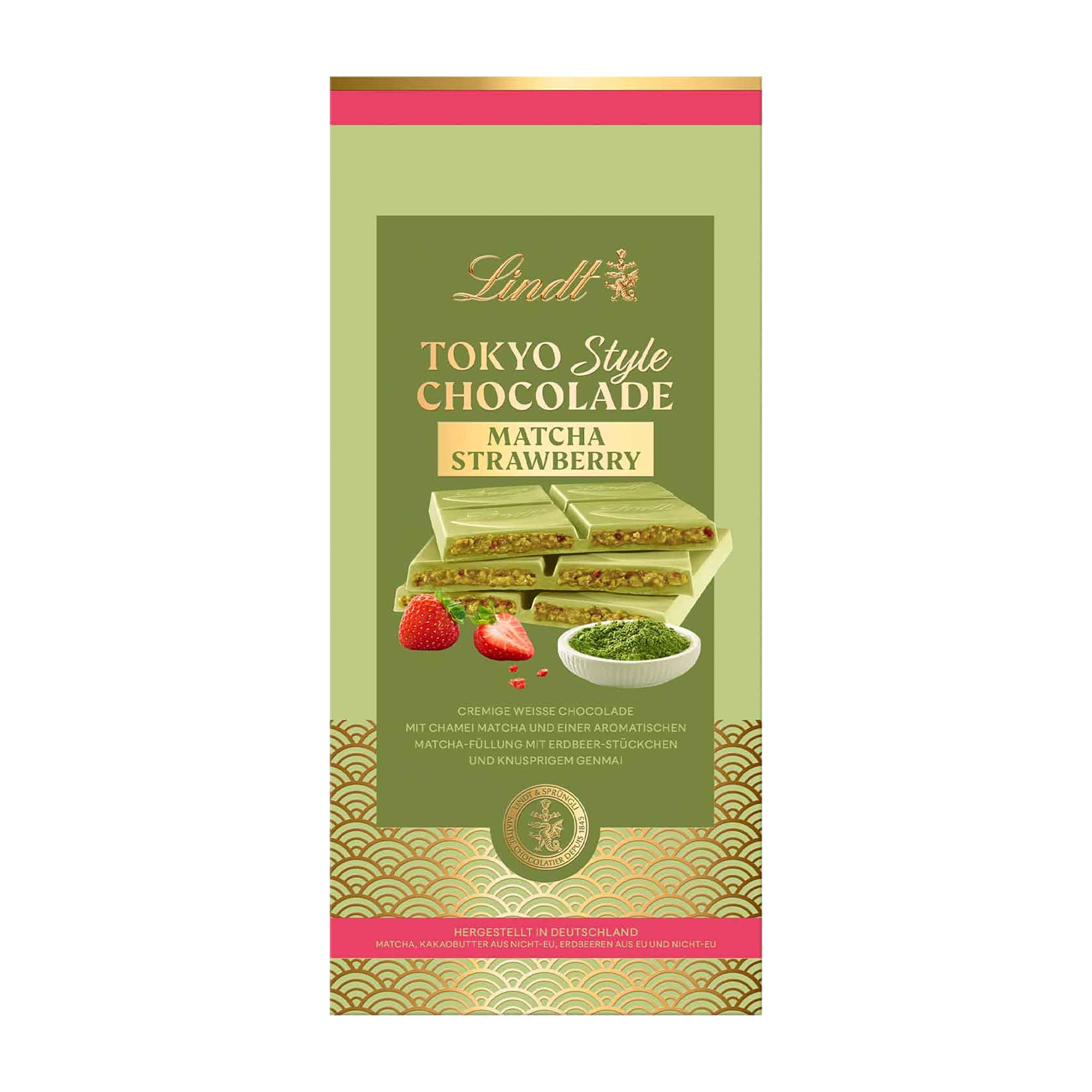 Lindt Tokyo Style Chocolate Matcha Strawberry white chocolate bar packaging on a white background