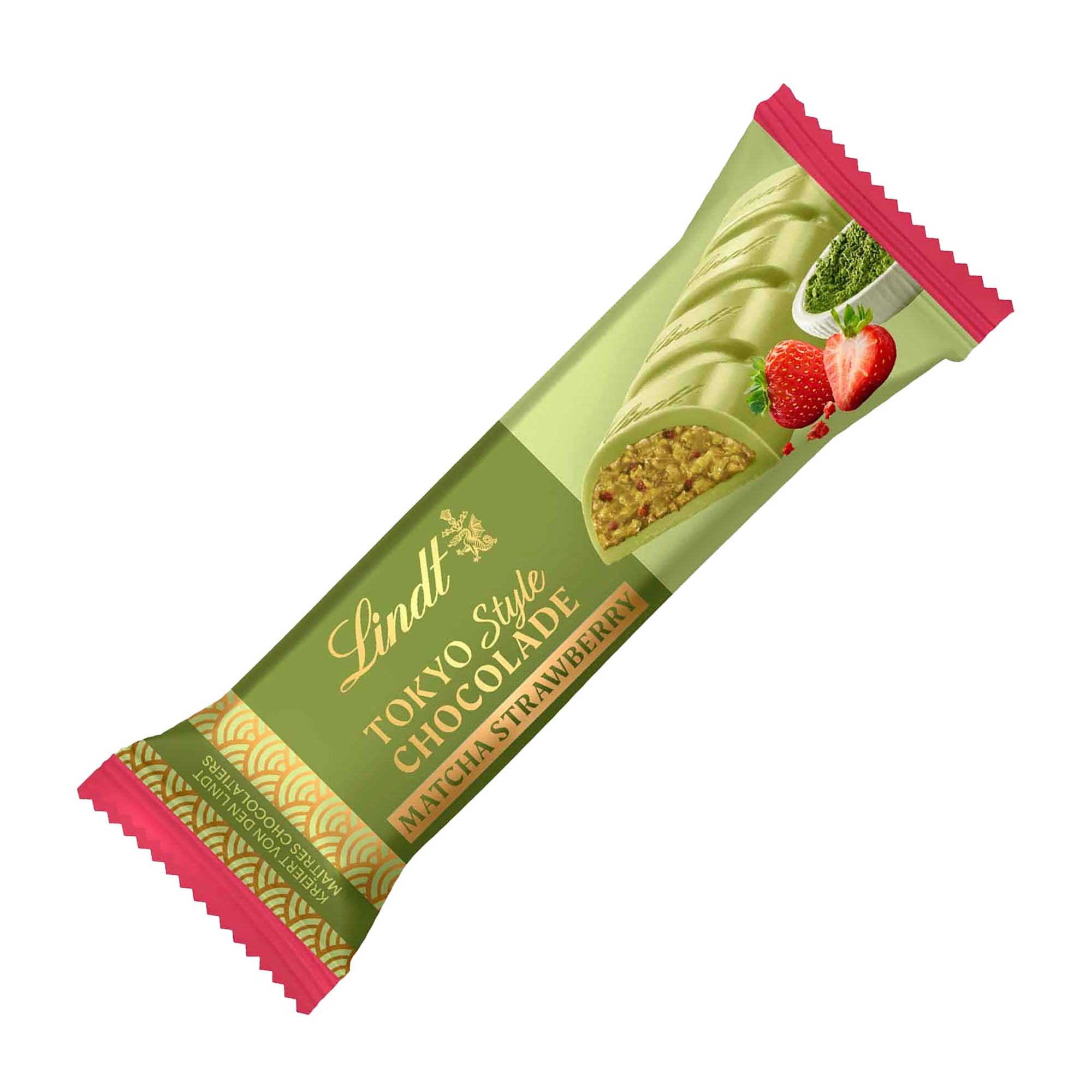 Lindt Tokyo Style Chocolate Matcha Strawberry white chocolate bar packaging on a white background