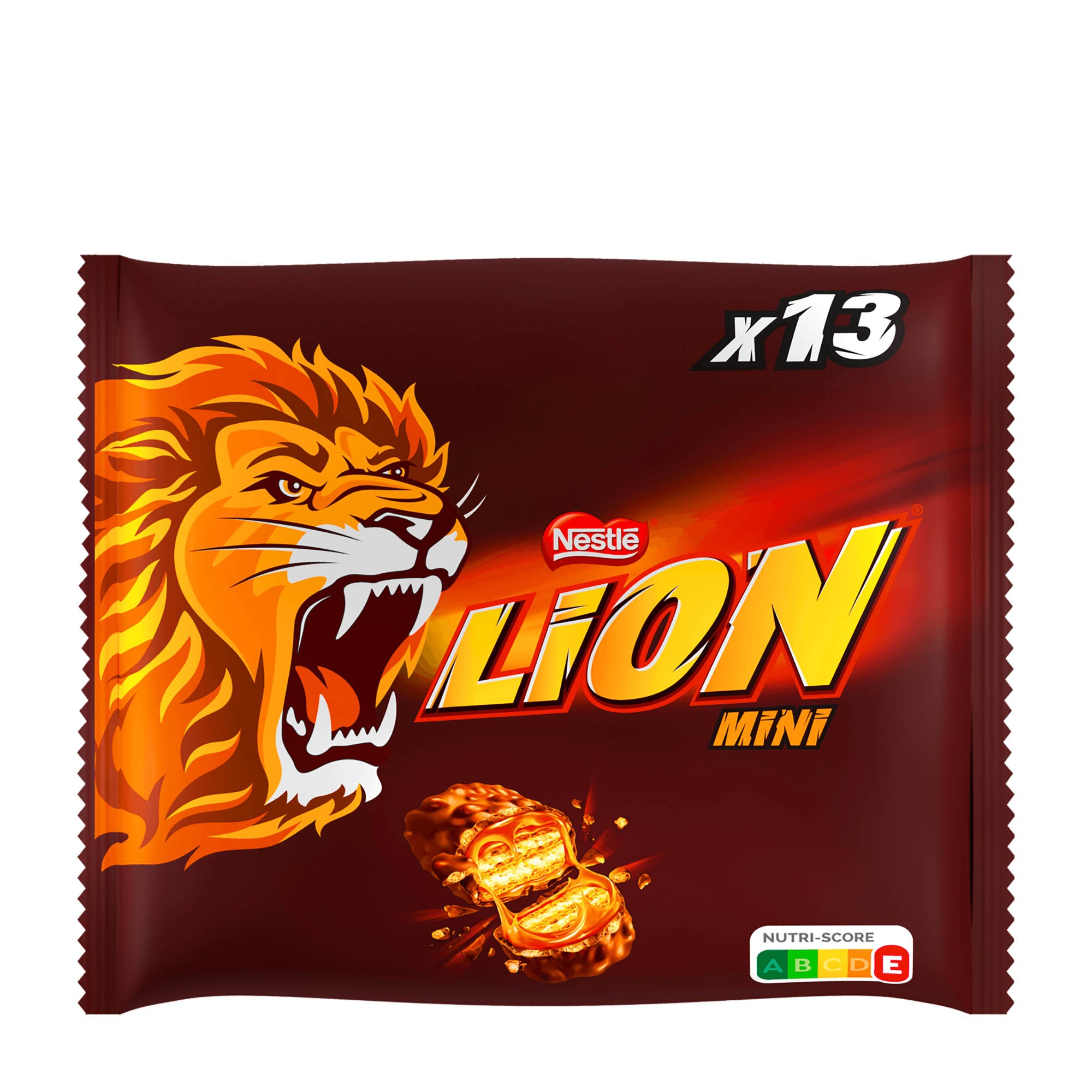 A pack of Nestlé Lion Mini wafer bars with caramel and cereals coated in milk chocolate, featuring a lion graphic on the packaging.