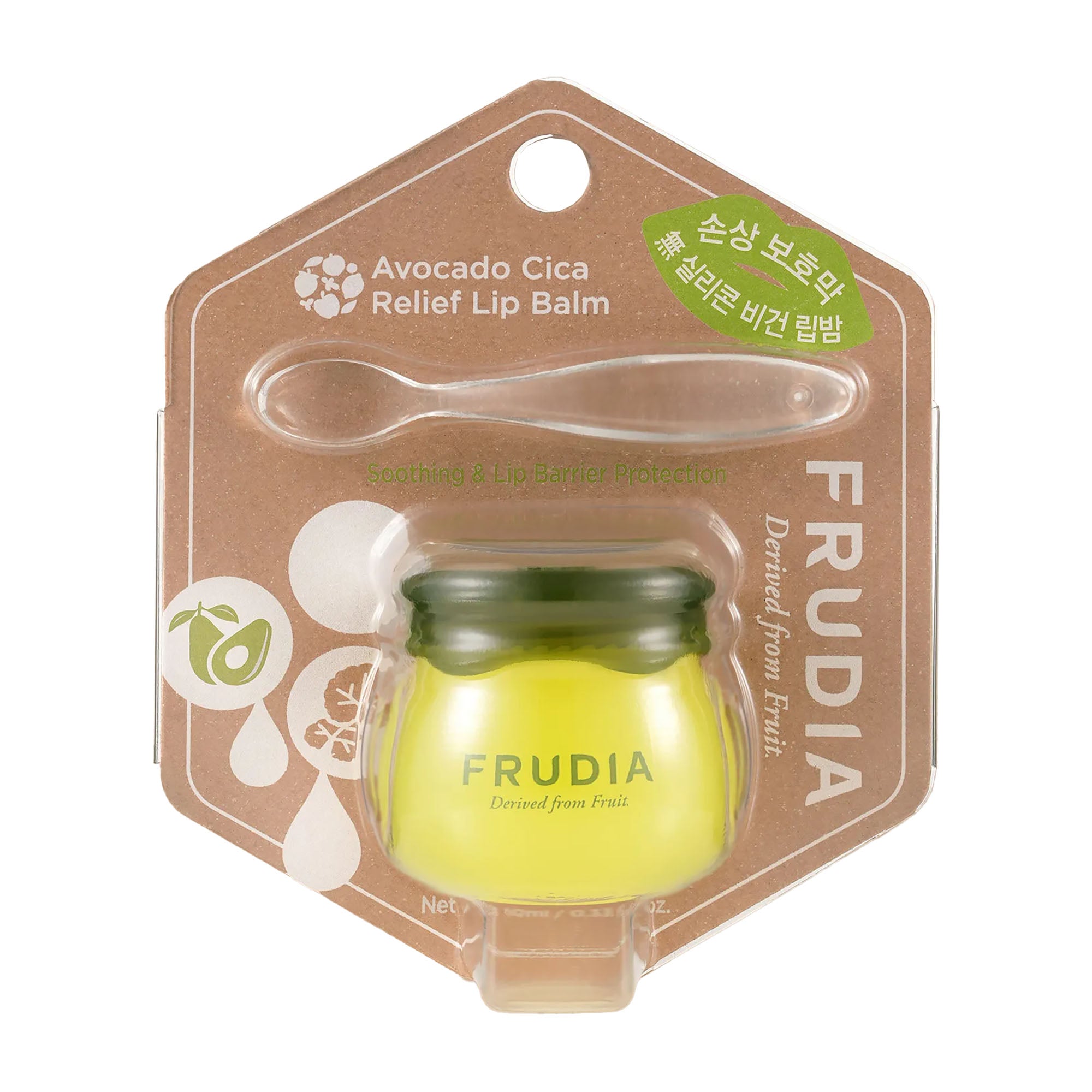 Frudia Avocado Cica Relief Lip Balm packaging with a spoon on a white background