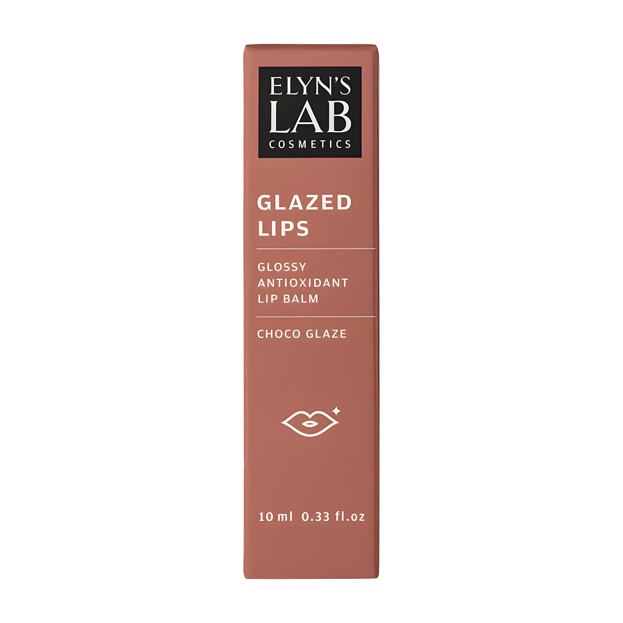 Glazed Lips Choco Glaze lip balm packaging with 'Elyn's Lab Cosmetics' branding on a white background