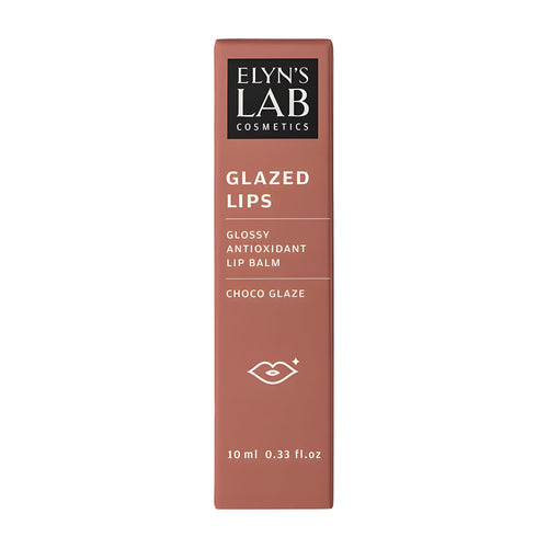 Glazed Lips Choco Glaze lip balm packaging with 'Elyn's Lab Cosmetics' branding on a white background