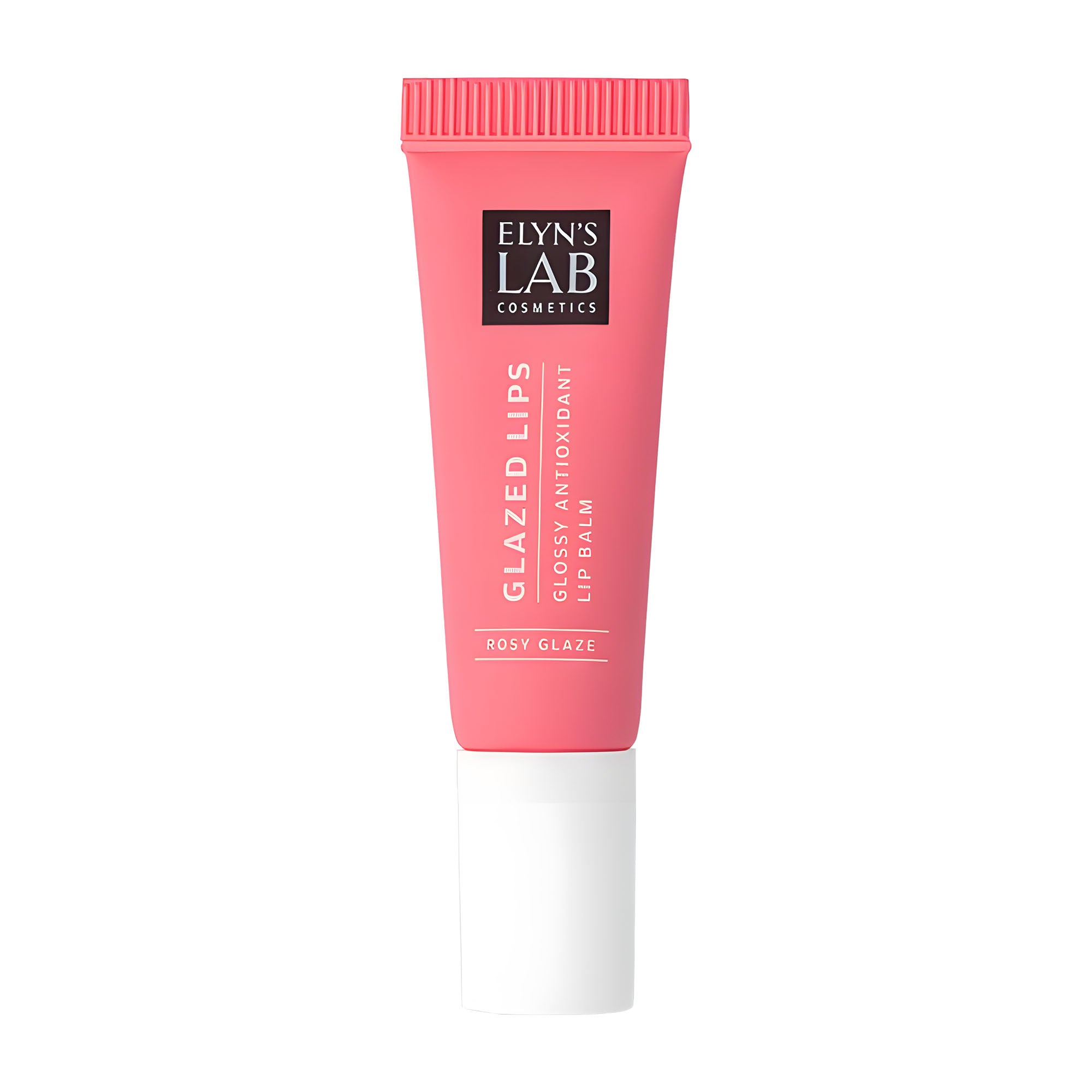 Glazed Lips Rosy Glaze lip balm tube with 'Elyn's Lab' branding on a white background