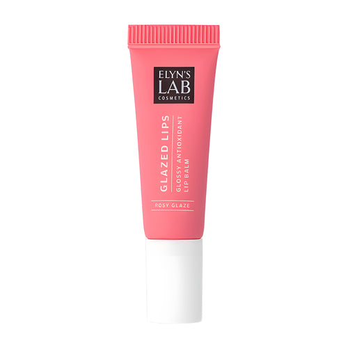 Glazed Lips Rosy Glaze lip balm tube with 'Elyn's Lab' branding on a white background