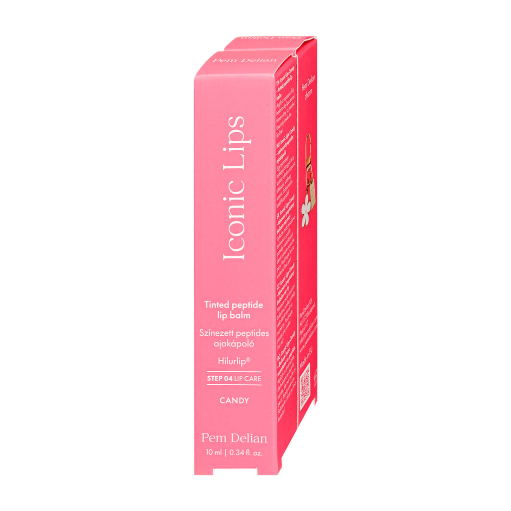 Pink lip balm packaging with brand name on a white background
