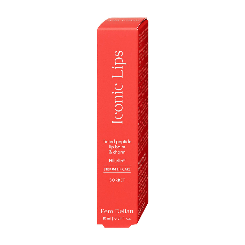 Red box of Pem Delian Iconic Lips Sorbet tinted peptide lip balm on a white background