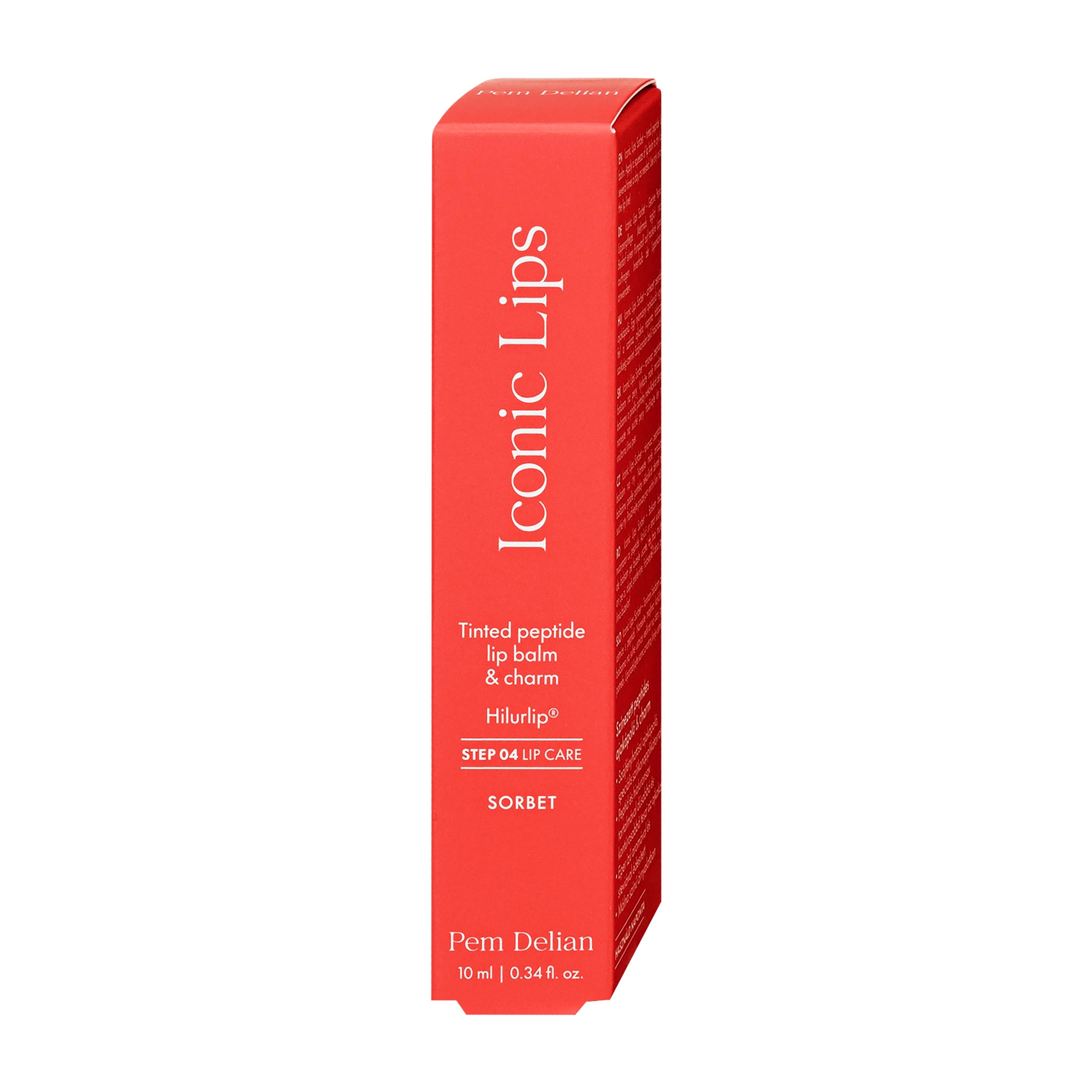Red box of Pem Delian Iconic Lips Sorbet tinted peptide lip balm on a white background