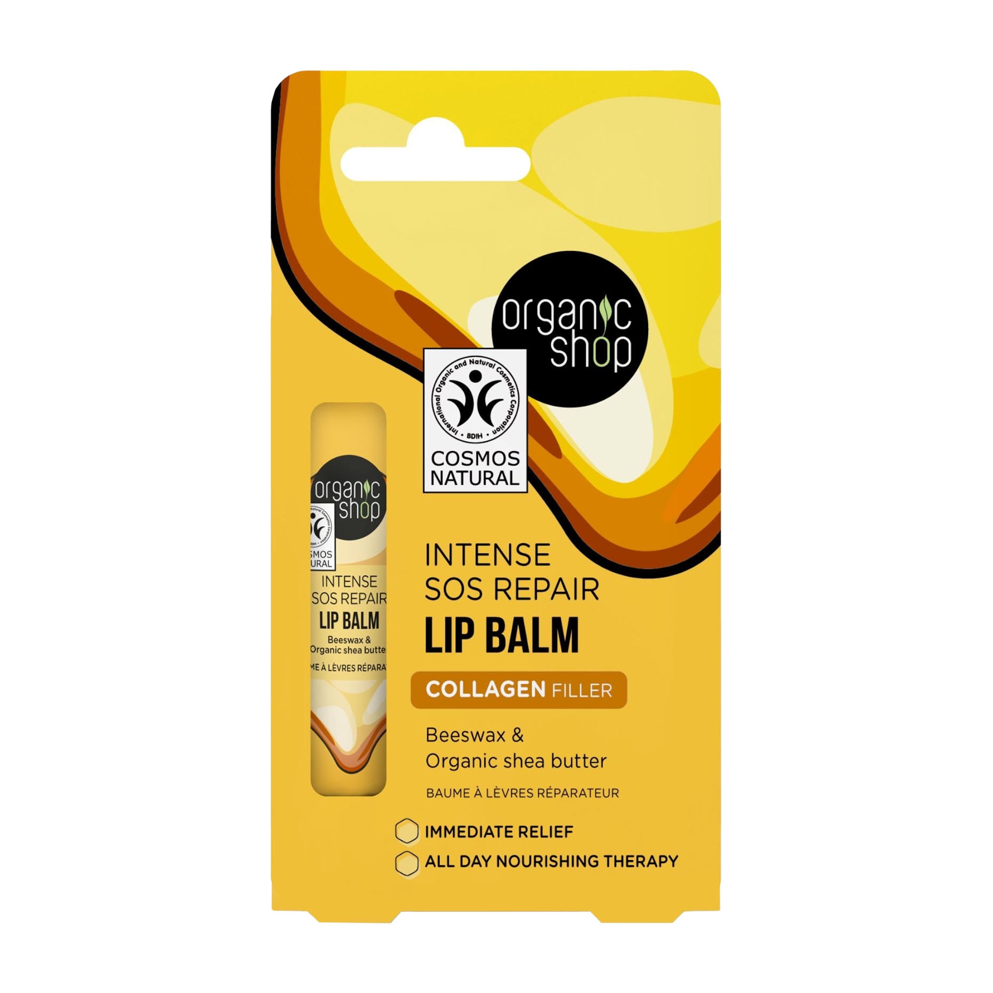 Yellow packaging of Organic Shop Intense SOS Repair Lip Balm with brand logo on a white background