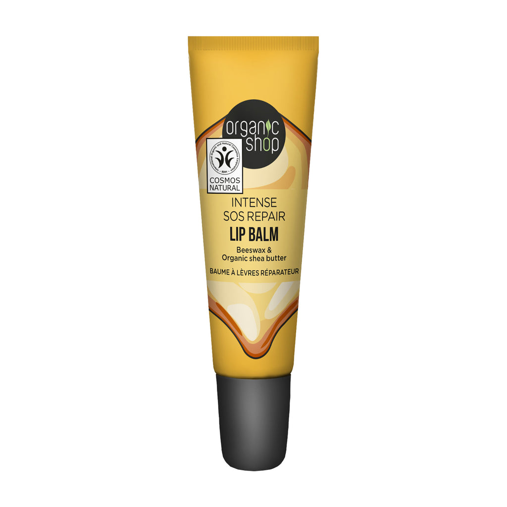 Yellow tube of Organic Shop Intense SOS Repair lip balm with black cap on a white background