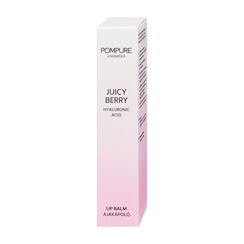 Pompure Juicy Berry Hyaluronic Acid lip balm packaging on a white background.