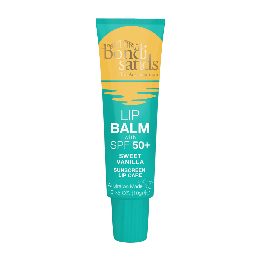 Tube of Bondi Sands sweet vanilla lip balm with SPF 50+ on a white background