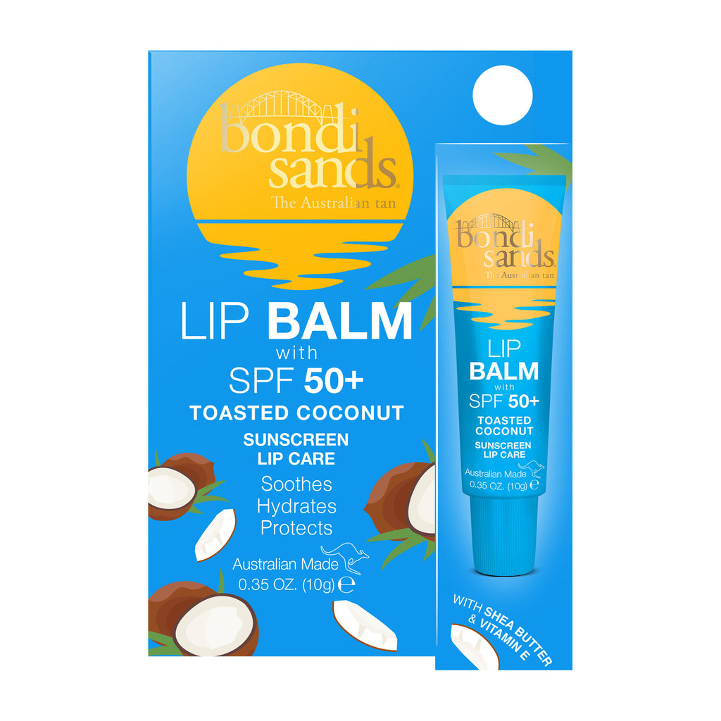 Bondi Sands toasted coconut lip balm packaging with blue background and coconut illustrations