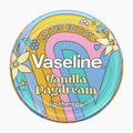 Vaseline Vanilla Daydream lip therapy lip balm compact in a round, colorful design featuring pastel rainbow stripes, flowers, and stars on a white background.