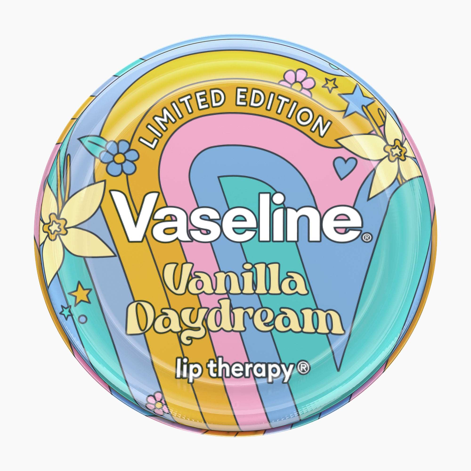 Vaseline Vanilla Daydream lip therapy lip balm compact in a round, colorful design featuring pastel rainbow stripes, flowers, and stars on a white background.