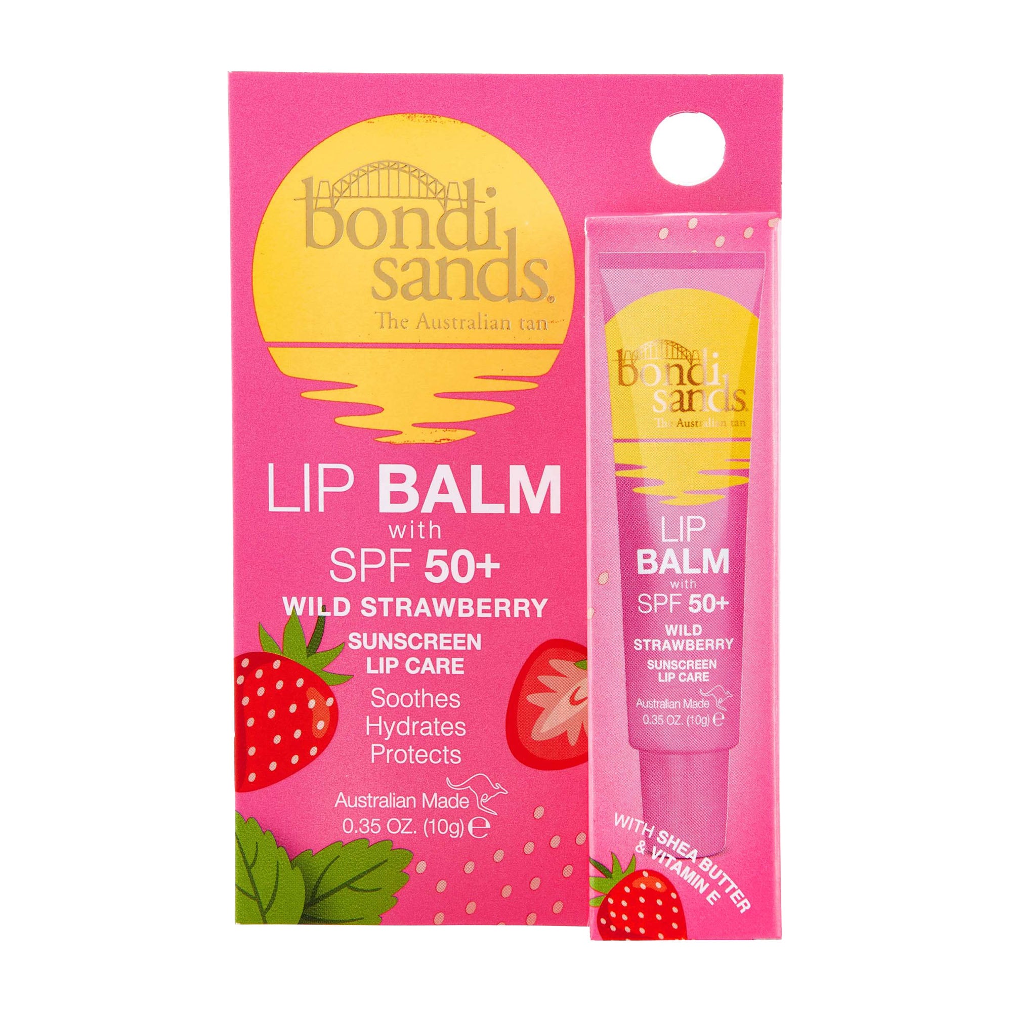 Bondi Sands wild strawberry lip balm packaging with SPF 50+ on a white background