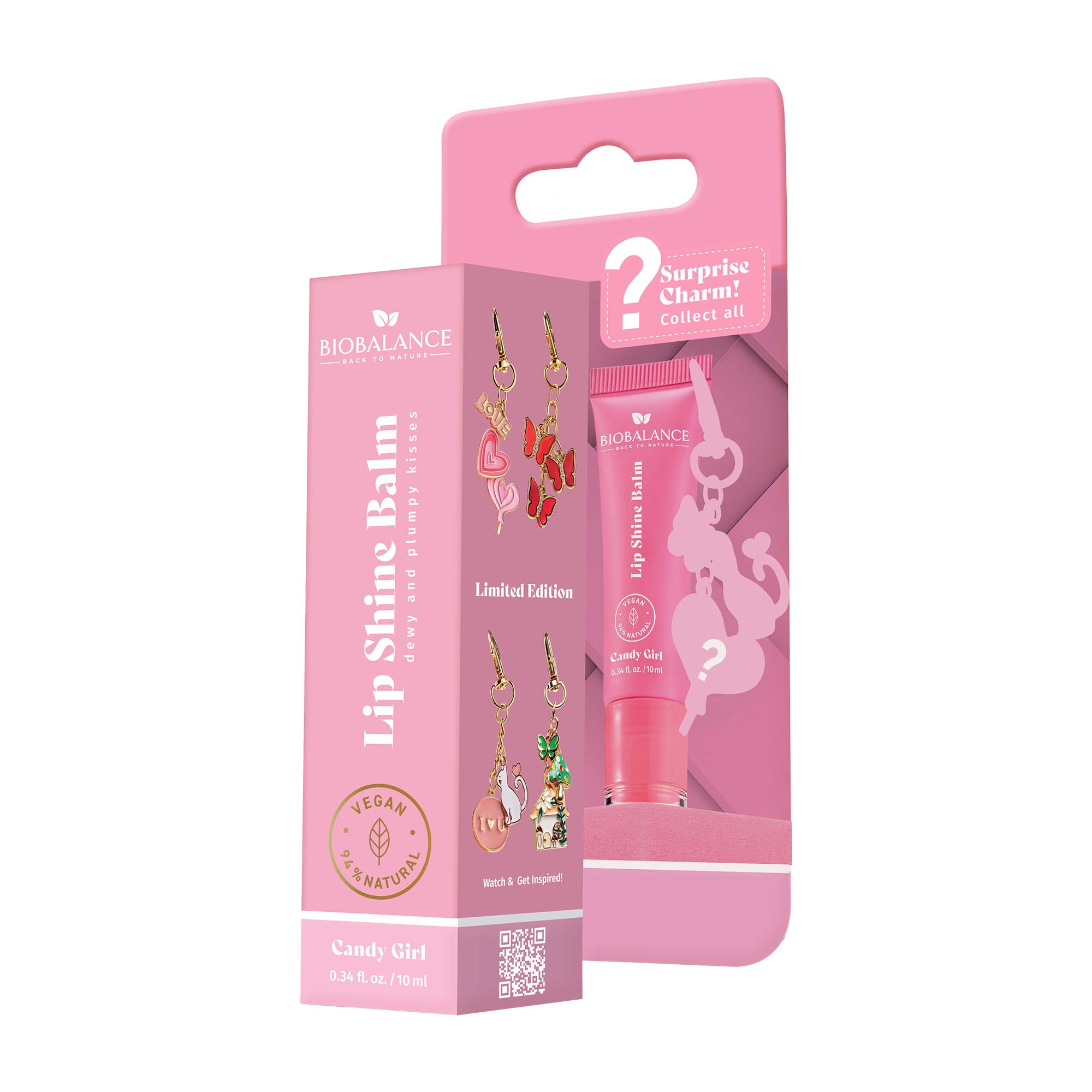 Bio Balance Candy Girl lip shine balm packaging with charm on a white background