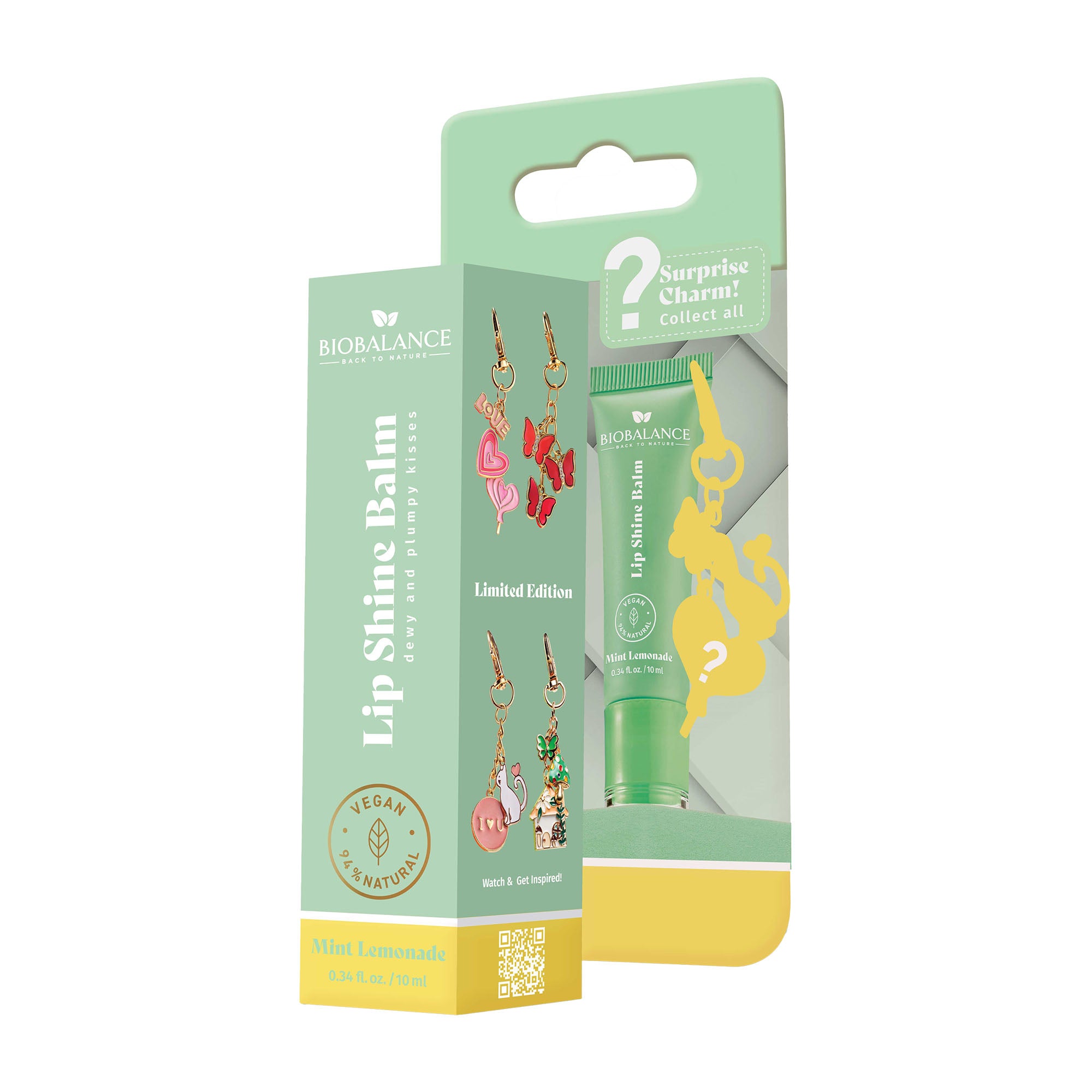 BioBalance Mint Lemonade lip shine balm packaging with a green and yellow design on a white background