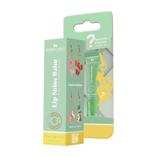 BioBalance Mint Lemonade lip shine balm packaging with a green and yellow design on a white background