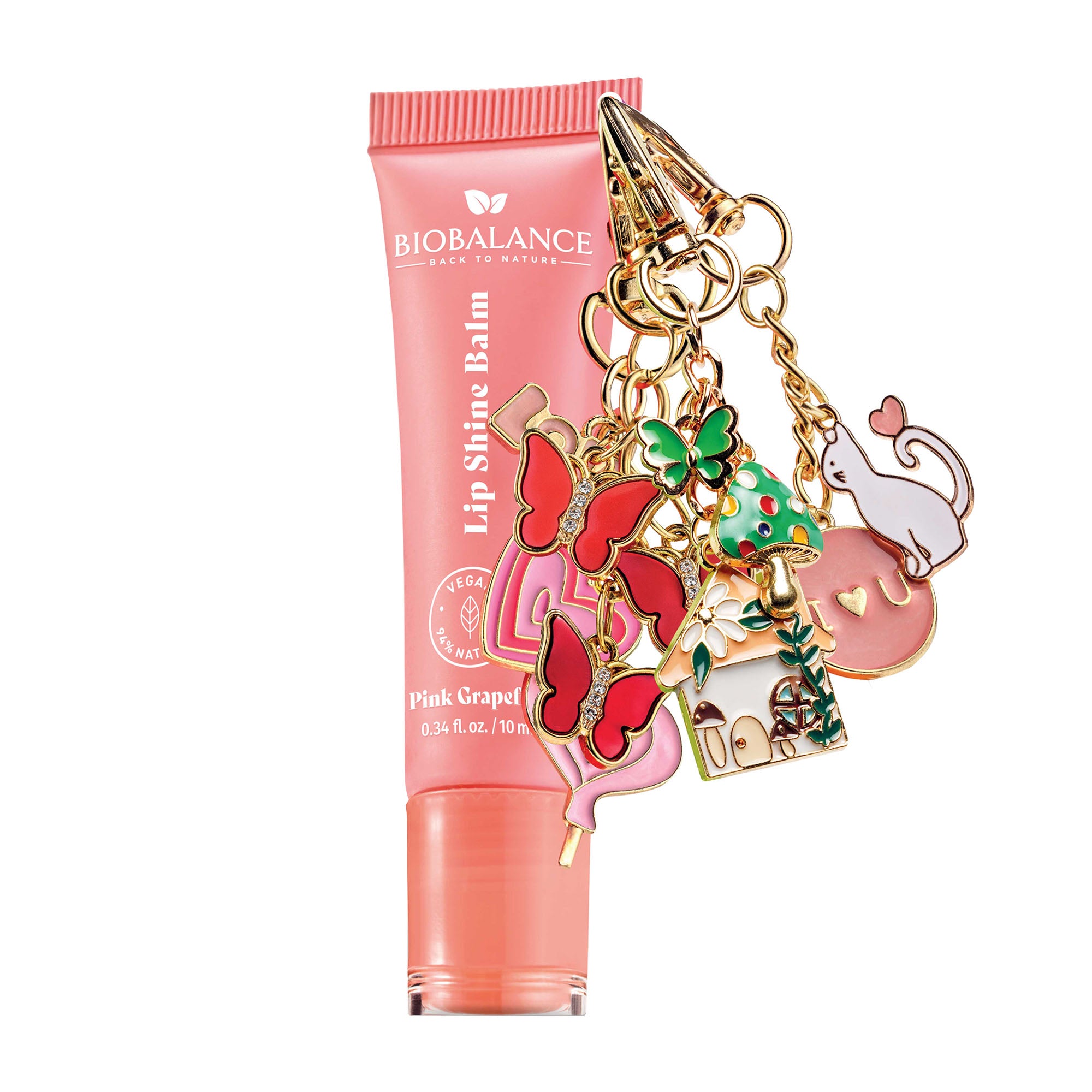 Bioglance lip balm with colorful charms on a white background