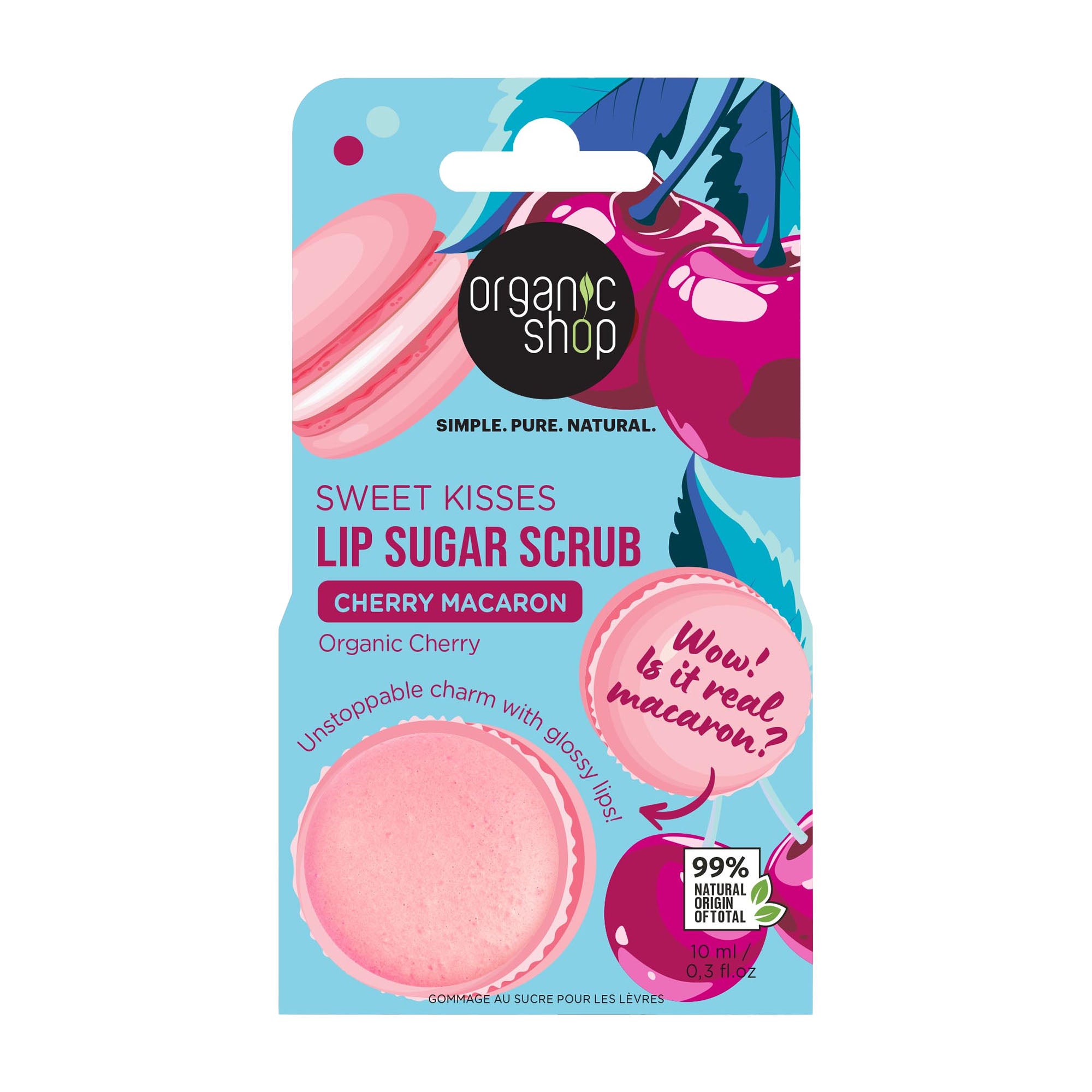 Organic Shop Cherry Macaron lip sugar scrub on a blue background