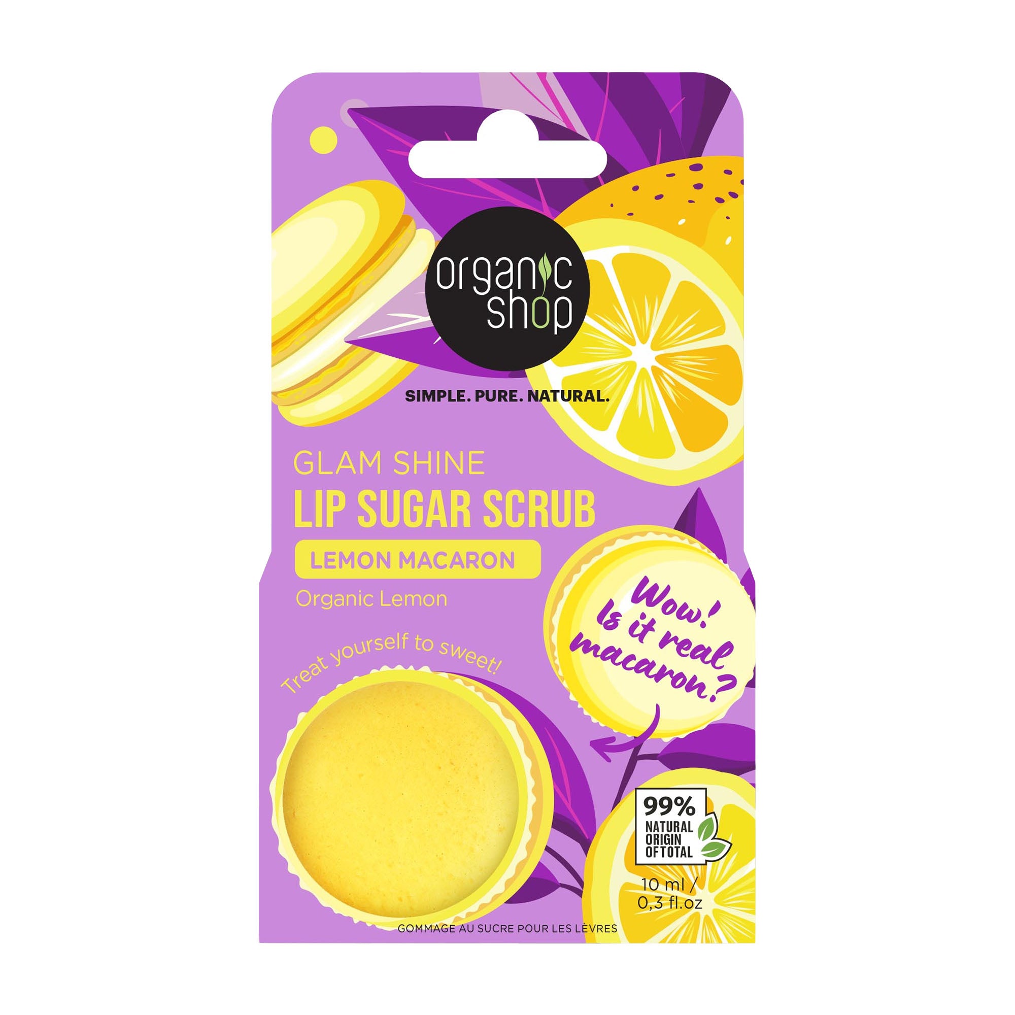 Organic Shop Lemon Macaron lip sugar scrub packaging on a white background
