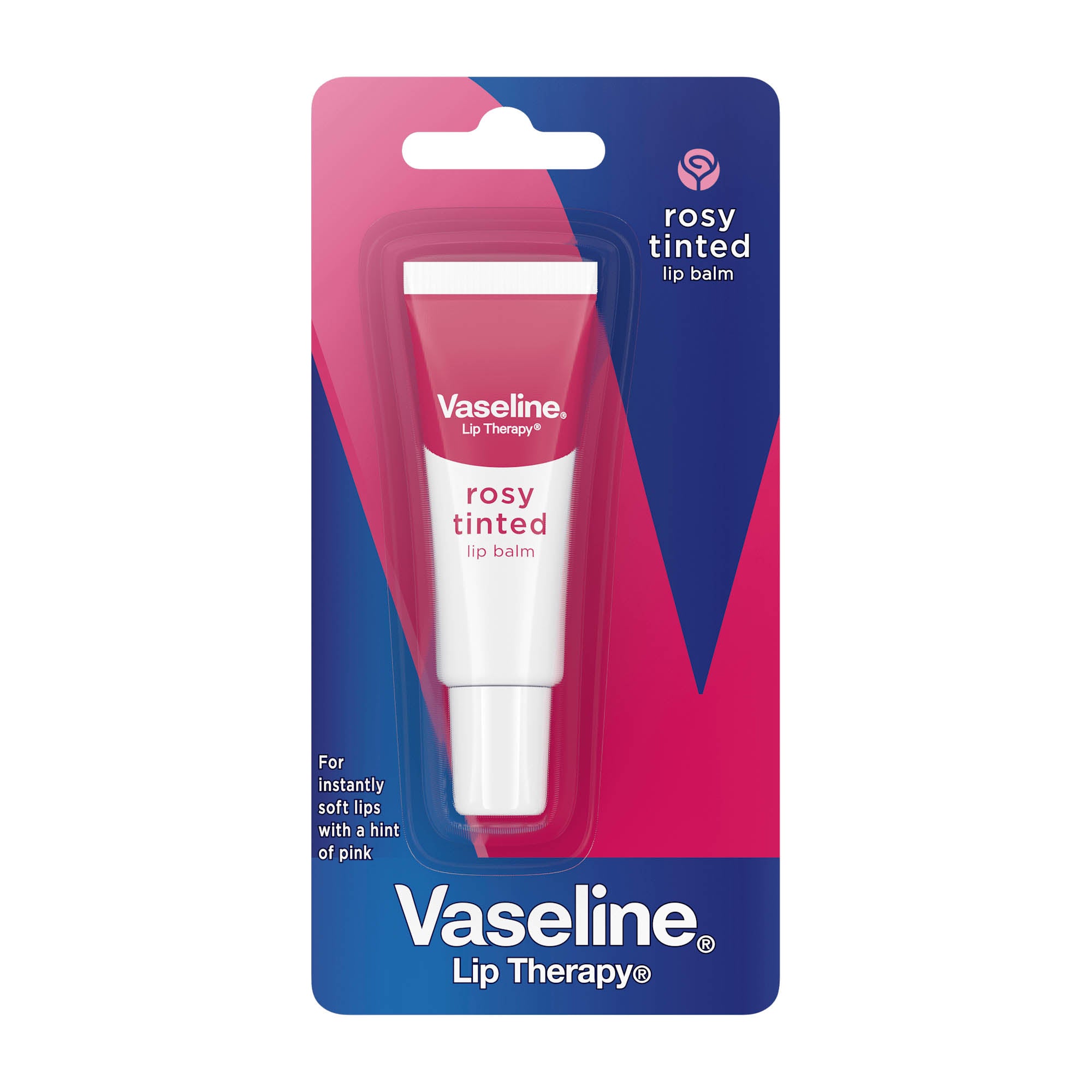 Vaseline Lip Therapy rosy tinted lip balm in a pink and blue packaging, 10 g size.