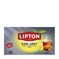 Lipton Earl Grey black tea 50 bags package with a cup of tea on a white background