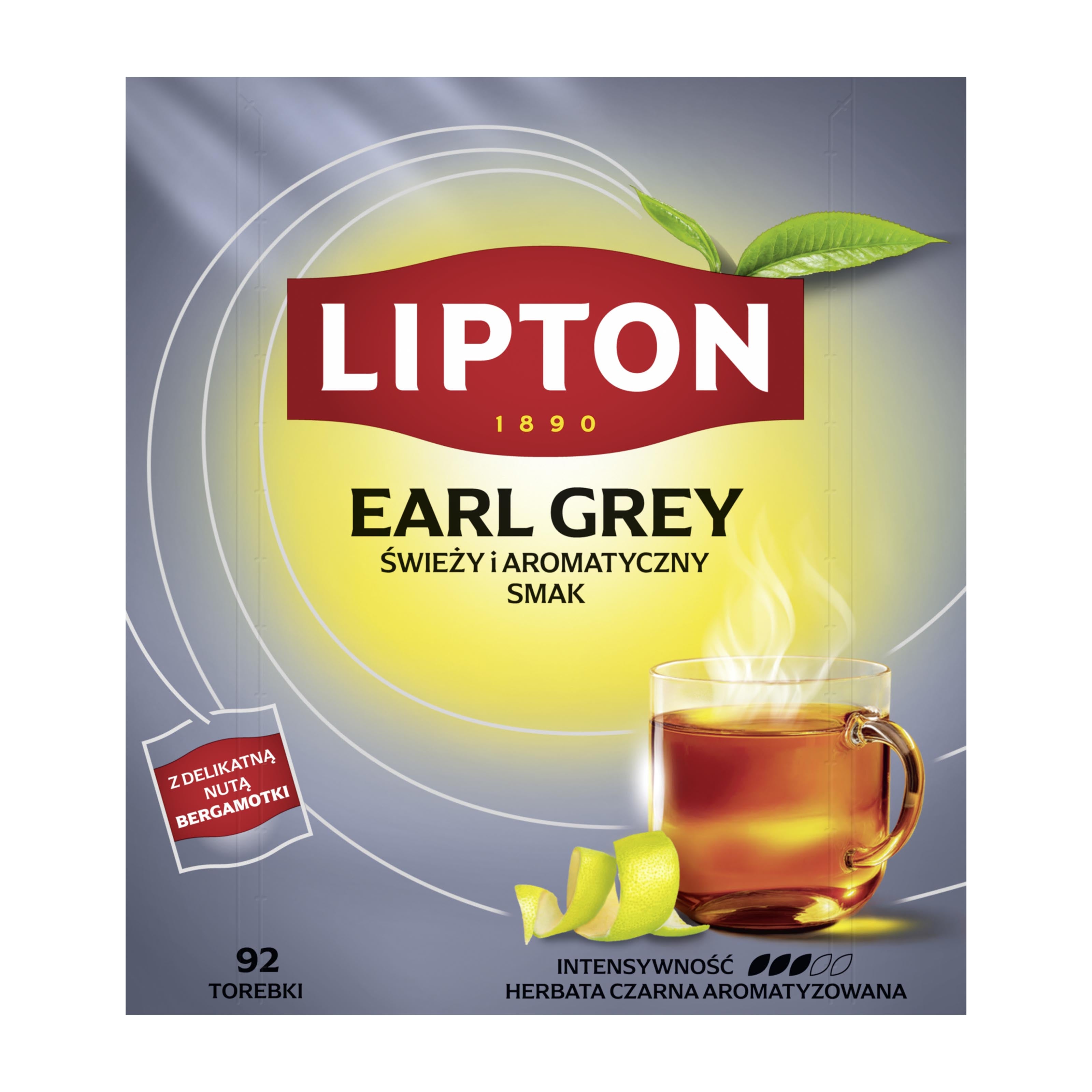Lipton Earl Grey black tea 92 bags packaging with a steaming cup of tea and green leaves.