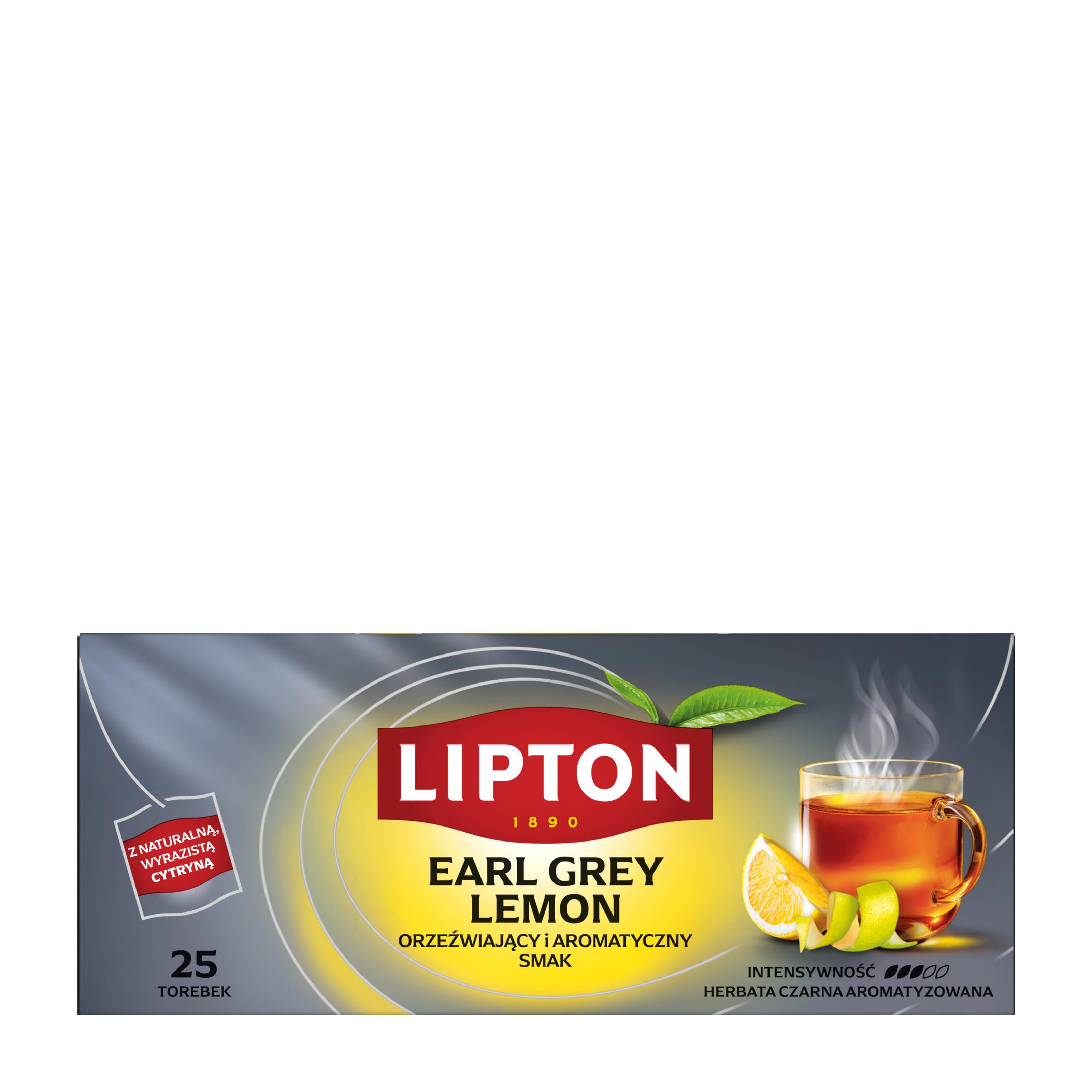 Lipton Earl Grey Lemon black tea 25 bags package on a white background