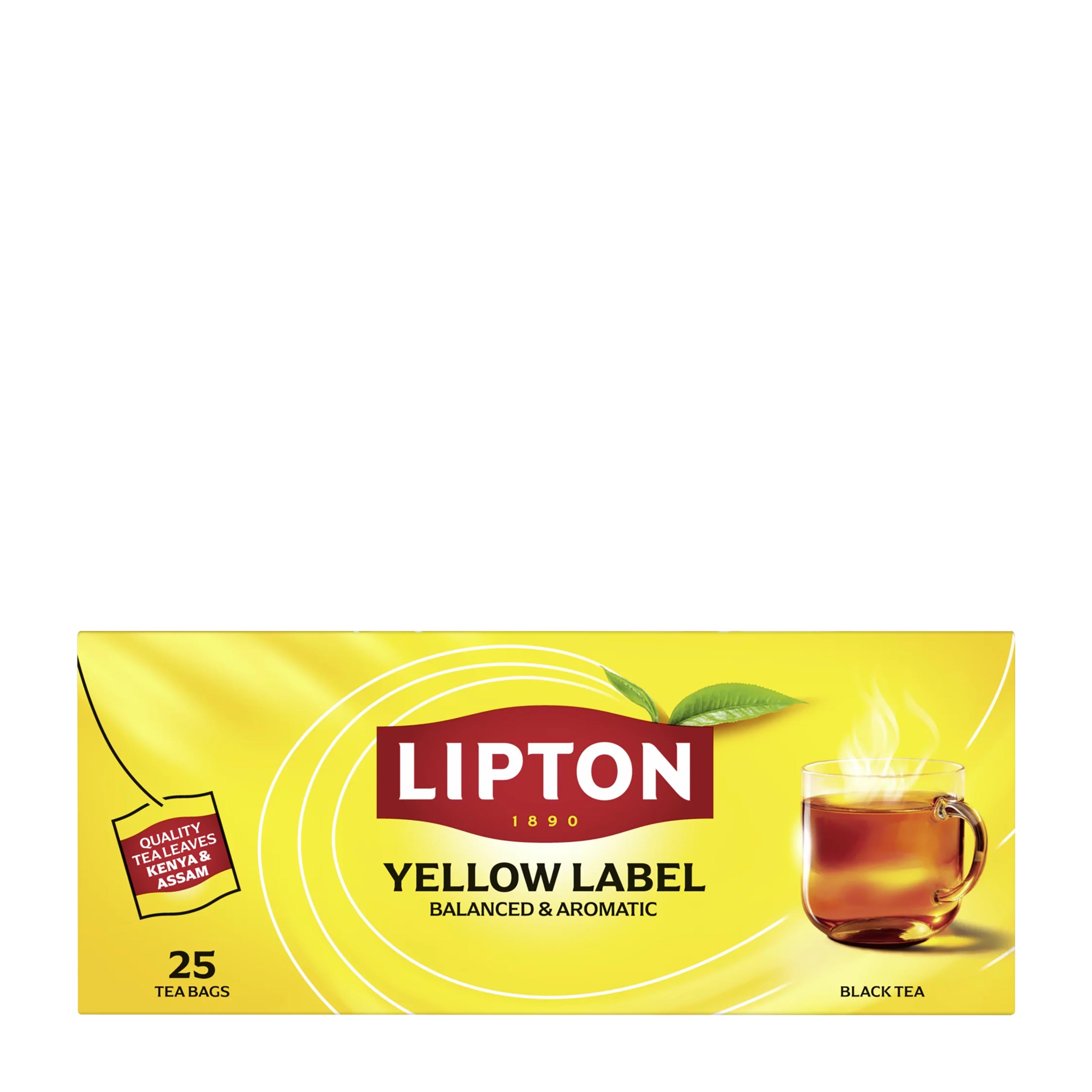 Lipton Yellow Label black tea 25 bags packaging on a white background.