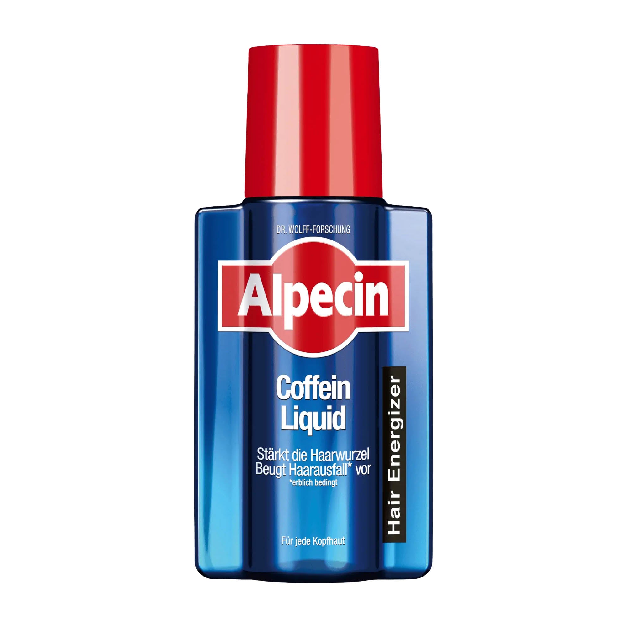 A bottle of Alpecin Caffein Liquid hair tonic with a red cap on a white background.