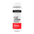 Neutrogena Clear & Defend+ 7% aha + panthenol liquid exfoliant in a white bottle with red and black text, indicating the product details.