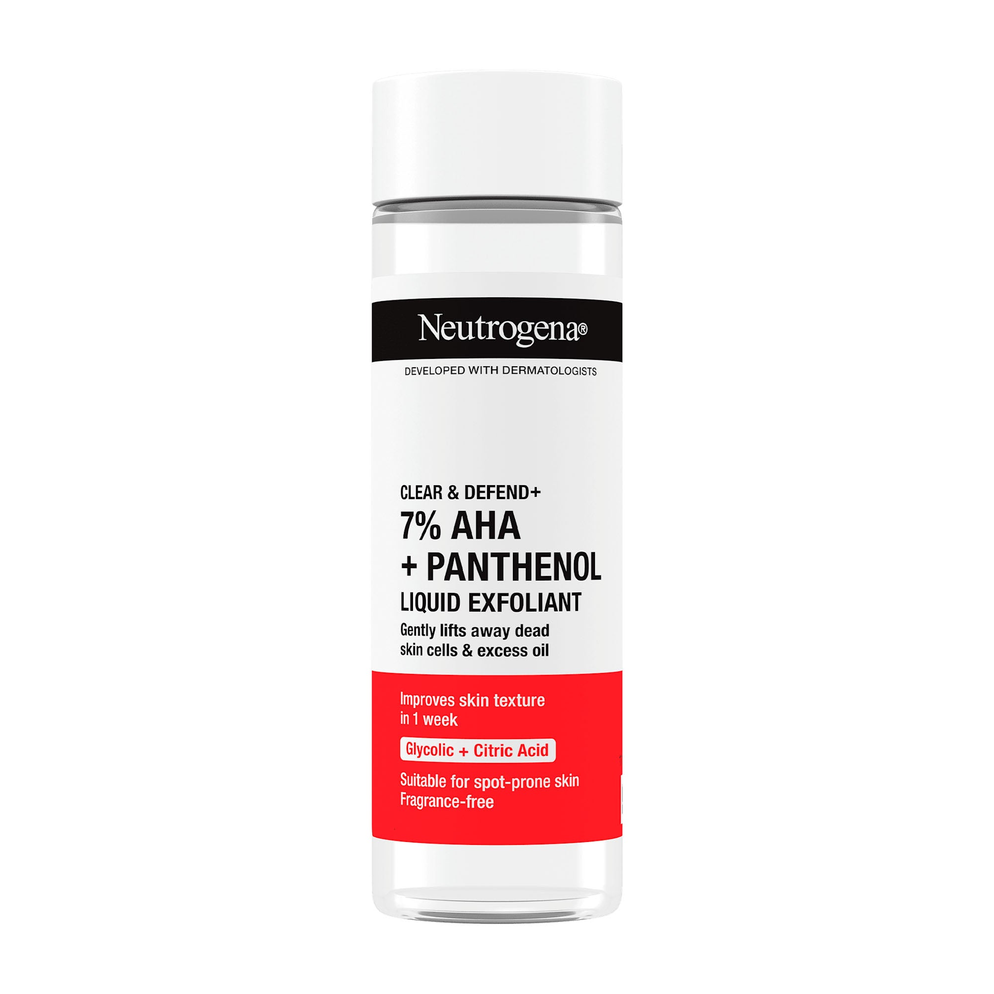 Neutrogena Clear & Defend+ 7% aha + panthenol liquid exfoliant in a white bottle with red and black text, indicating the product details.