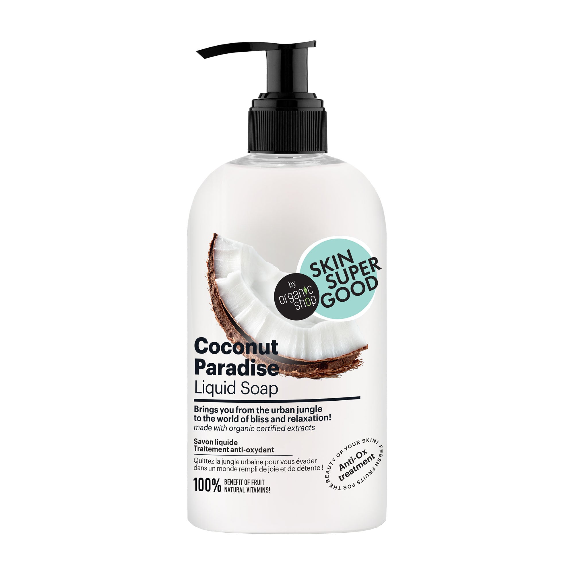Bottle of Skin Super Good Coconut Paradise Liquid Soap on a white background