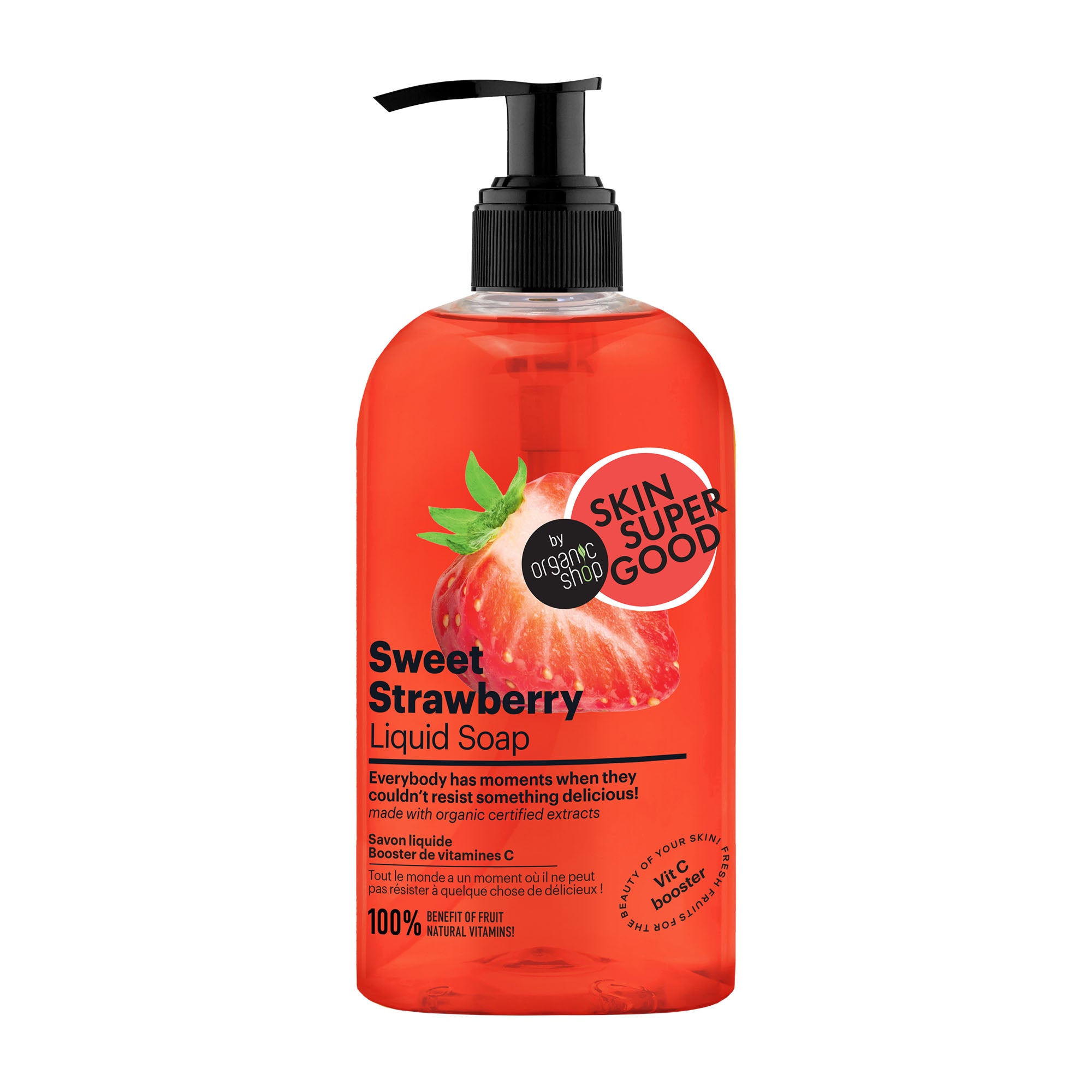Bottle of Sweet Strawberry Liquid Soap by Skin Super Good on a white background