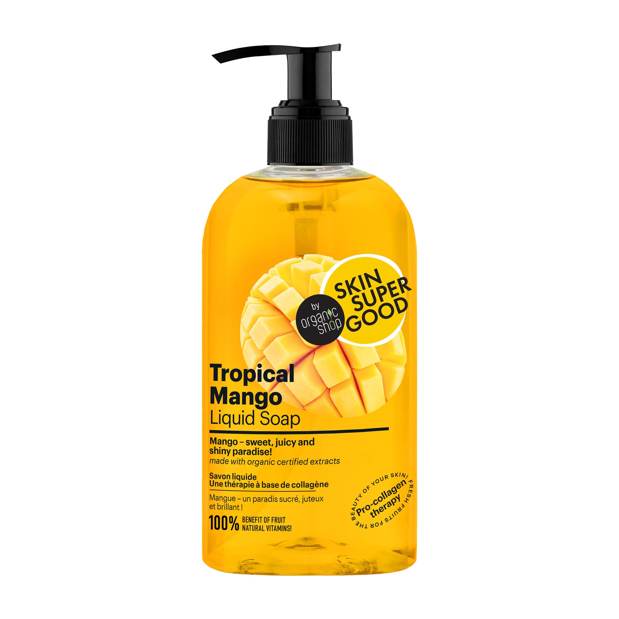 Yellow bottle of Skin Super Good Tropical Mango Liquid Soap on a white background