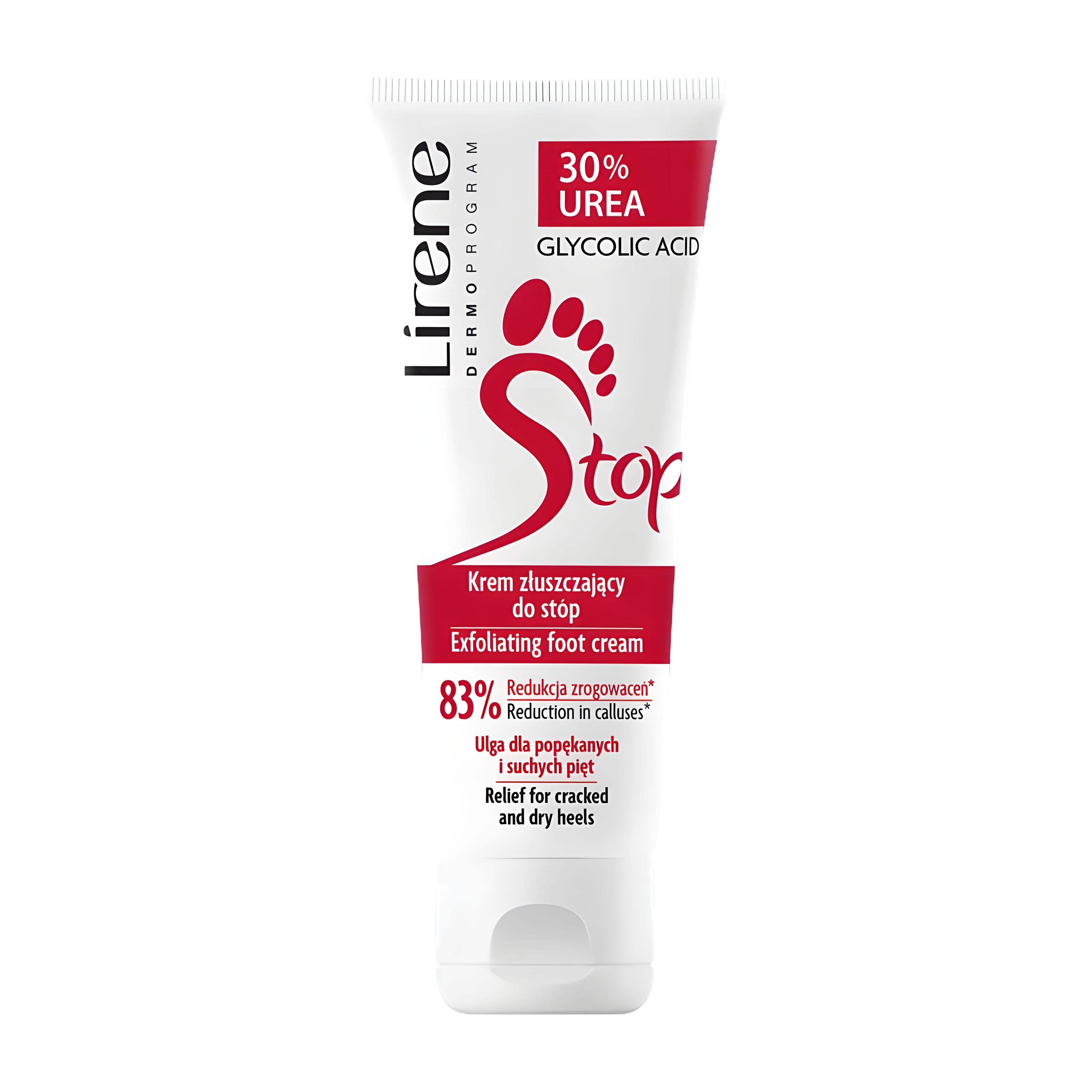 Lirene Stop exfoliating foot cream tube on a white background
