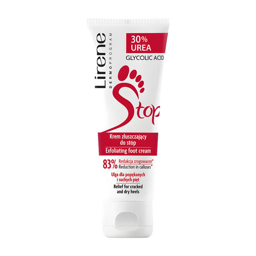 Lirene Stop exfoliating foot cream tube on a white background