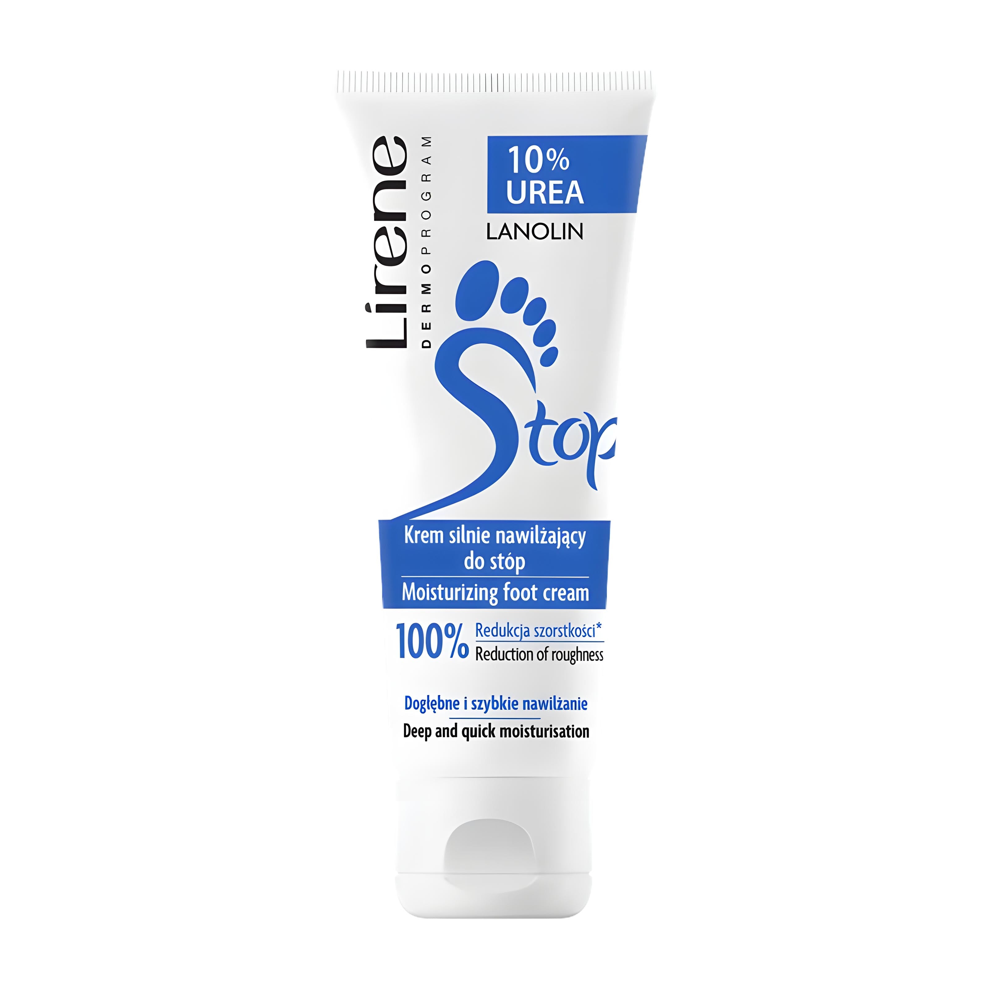 Lirene STOP moisturizing foot cream tube on a white background