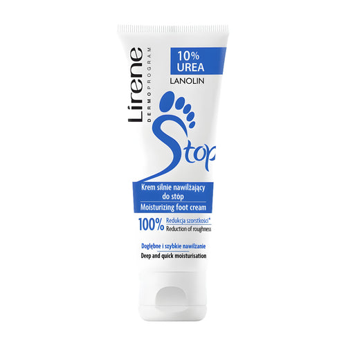Lirene STOP moisturizing foot cream tube on a white background