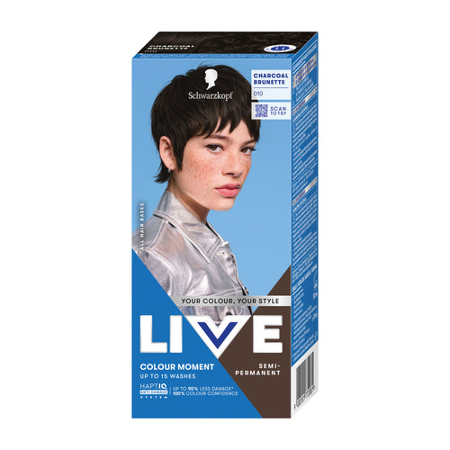 Schwarzkopf Live Colour Moment 010 Charcoal Brunette semi-permanent hair color box with a model wearing dark hair on a white background