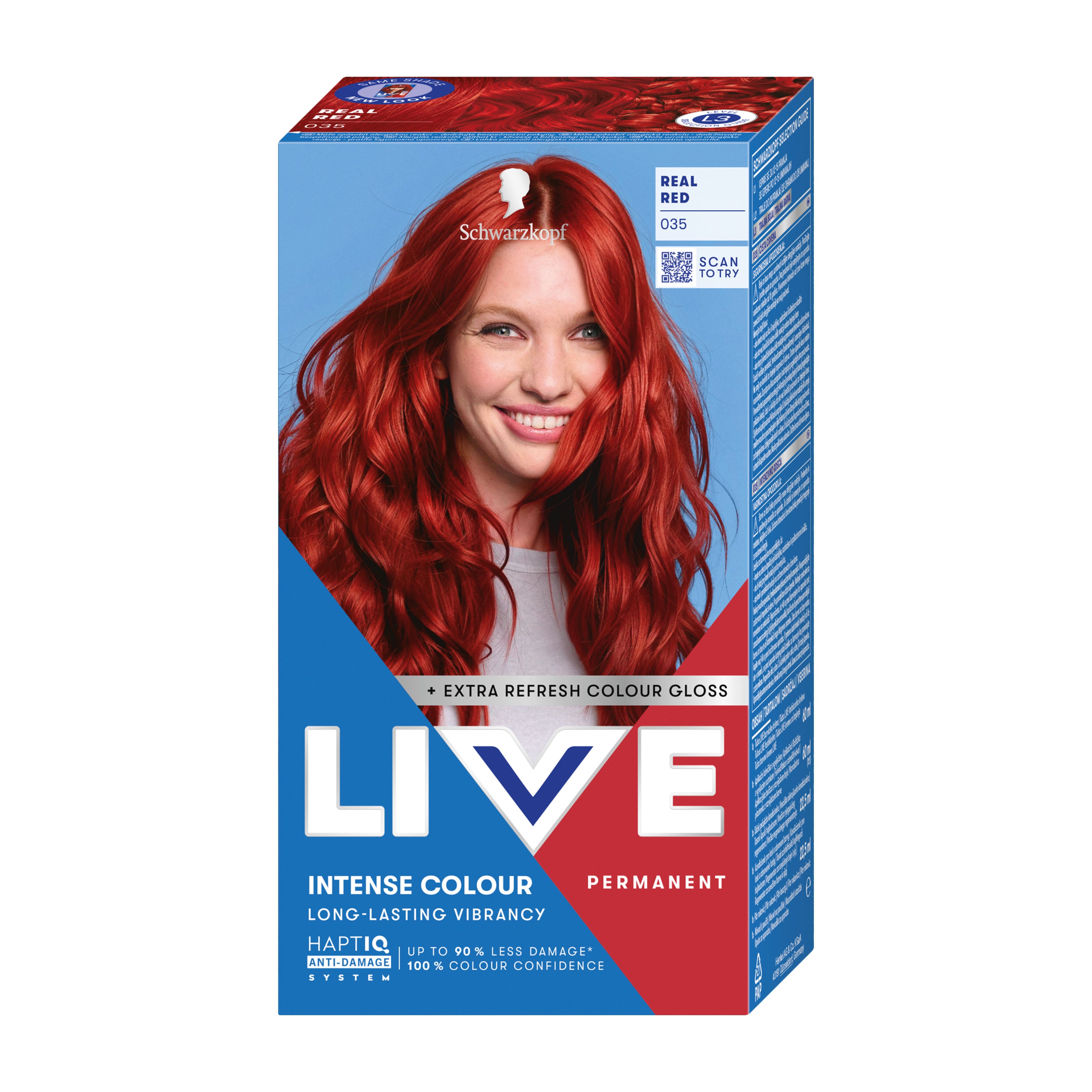 Schwarzkopf Live Intense Colour 035 Real Red permanent hair dye package with a model wearing red hair against a blue background