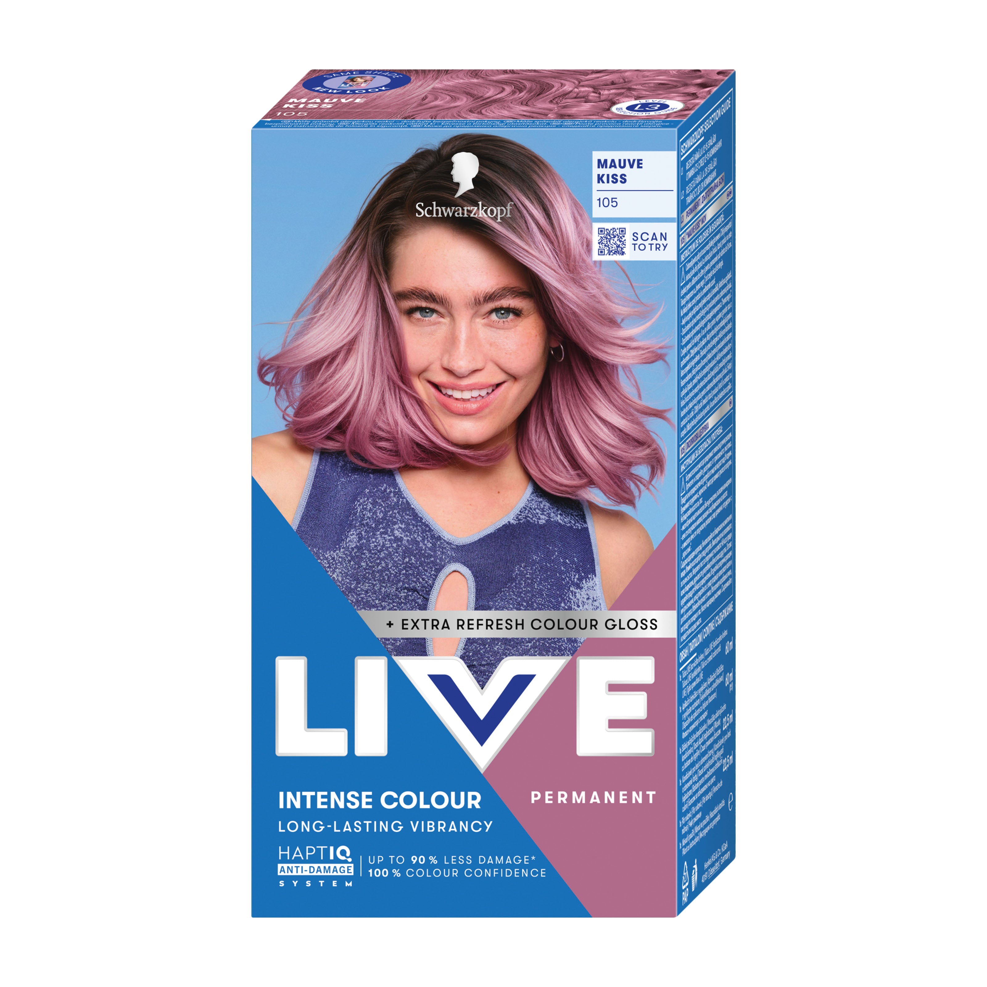 Schwarzkopf LIVE 105 Mauve Kiss Intense Colour hair color box with a model featuring mauve hair on a white background