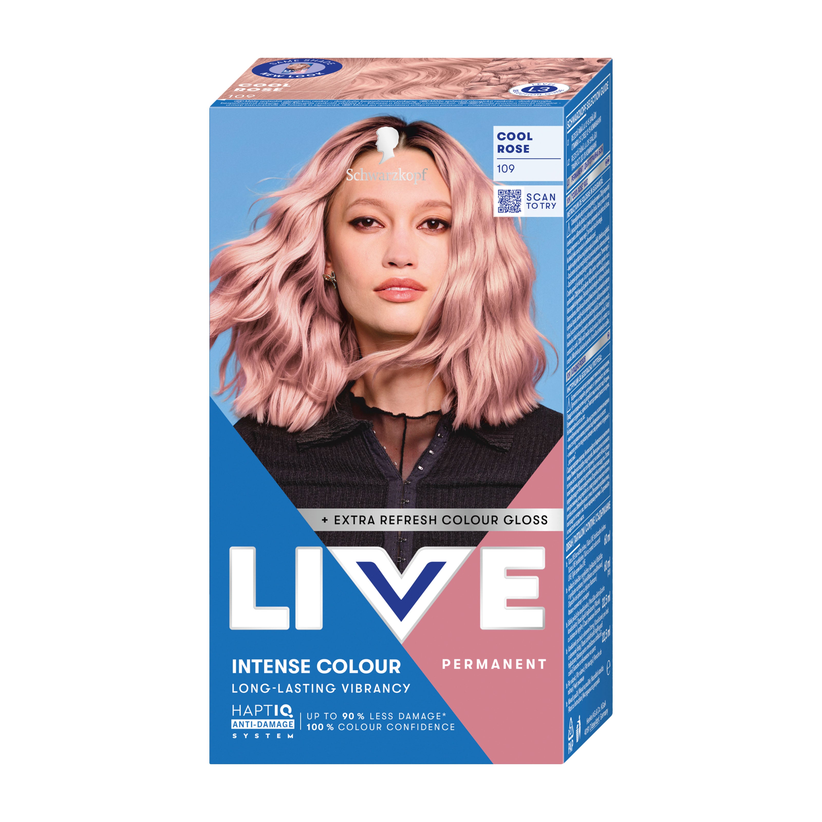 Schwarzkopf Live Intense Colour 109 Cool Rose hair color box with a model featuring pink hair on a white background