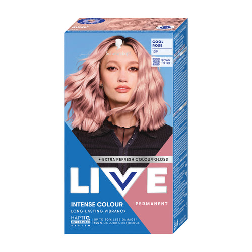 Schwarzkopf Live Intense Colour 109 Cool Rose hair color box with a model featuring pink hair on a white background