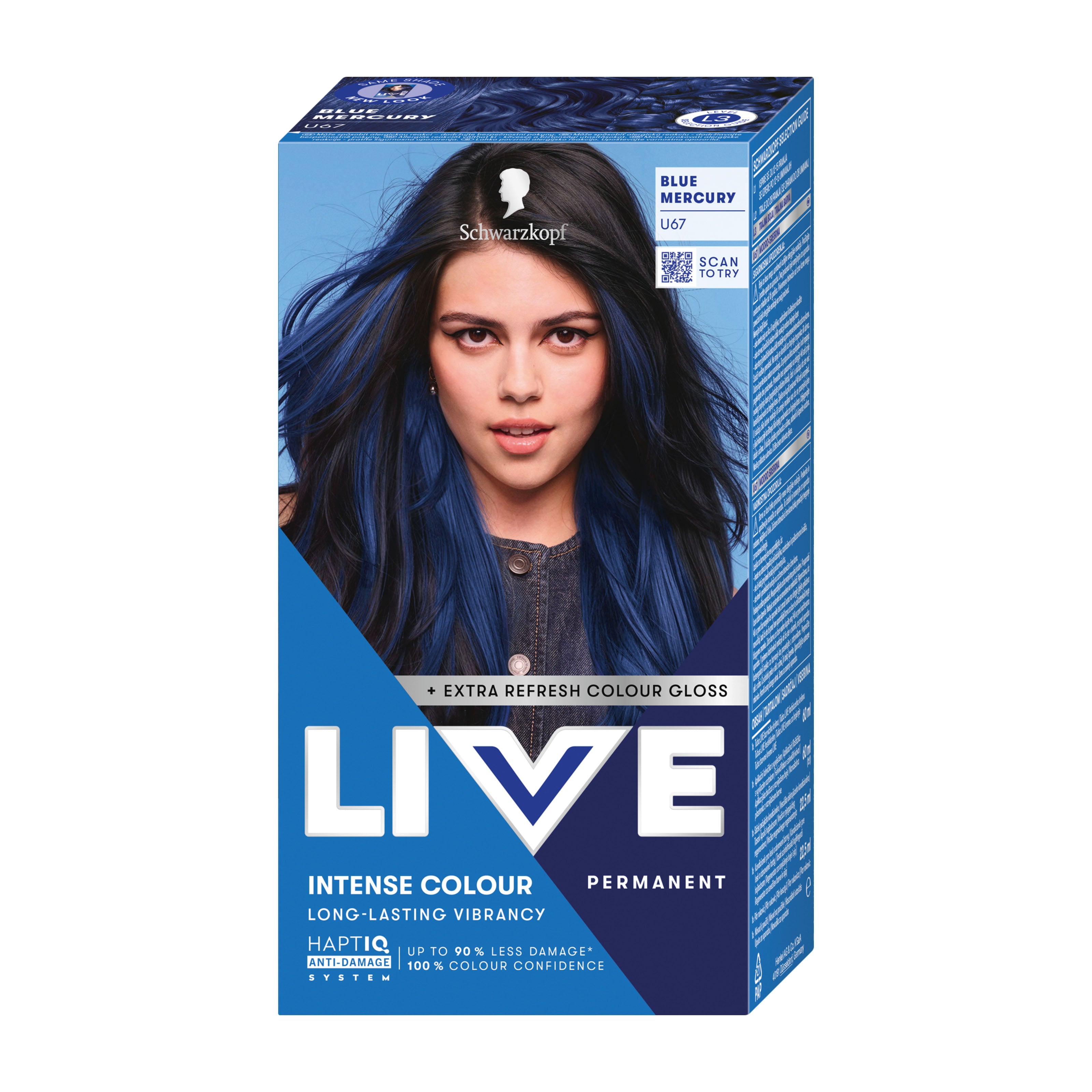 Schwarzkopf LIVE Intense Colour U67 Blue Mercury permanent hair color kit with a model featuring blue hair on a white background